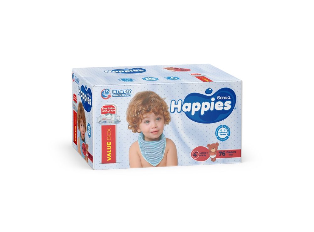 Happies 4+ (8-16Kg) 76 Diapers+Wipes Value Box 76 pieces