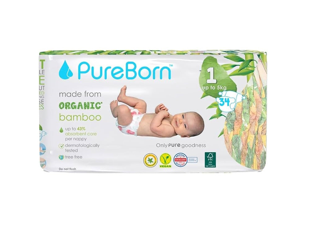 Pureborn Organic Diapers Size 1, Up To 5 Kg 34 pieces