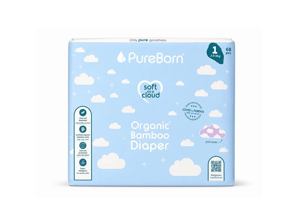 Pureborn Organic Diapers Size 1, 2.5 To 5 Kg 68 pieces