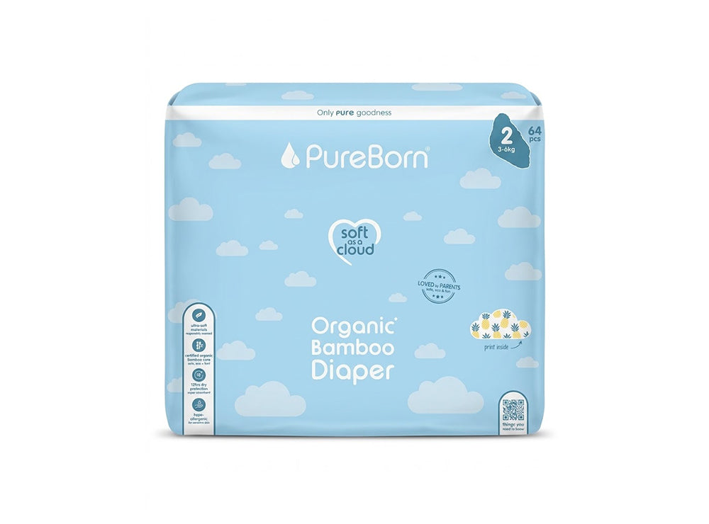Pureborn Organic Diapers Size 2, 3 To 6 Kg 64 pieces