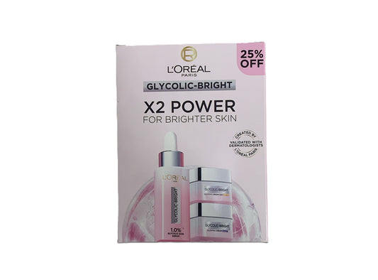 L'Oreal Coffret Glycolic Bright Skin Serum With Day & Night Creams 3 pieces